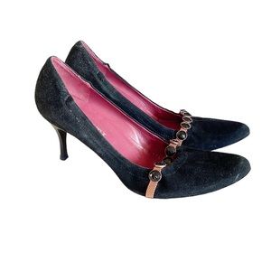 Vigotti black suede  rhinestone strap pumps heeled shoes size 37 EU 7 US